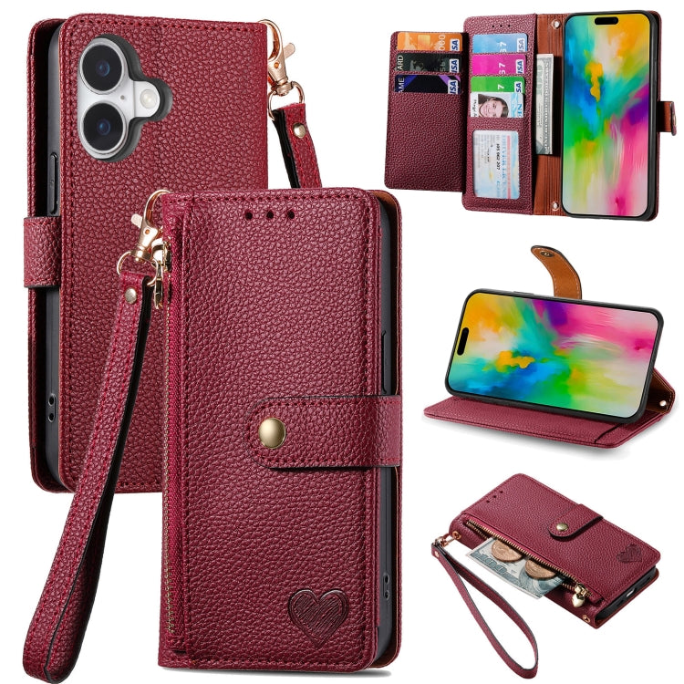 Étui téléphone en cuir avec lanière à fermeture éclair Love, pour iPhone 17e / 16e, pour iPhone 17 Pro Max, pour iPhone 17 Pro, pour iPhone 17, pour iPhone Air, pour iPhone 16 Pro Max, pour iPhone 16 Pro, pour iPhone 16 Plus