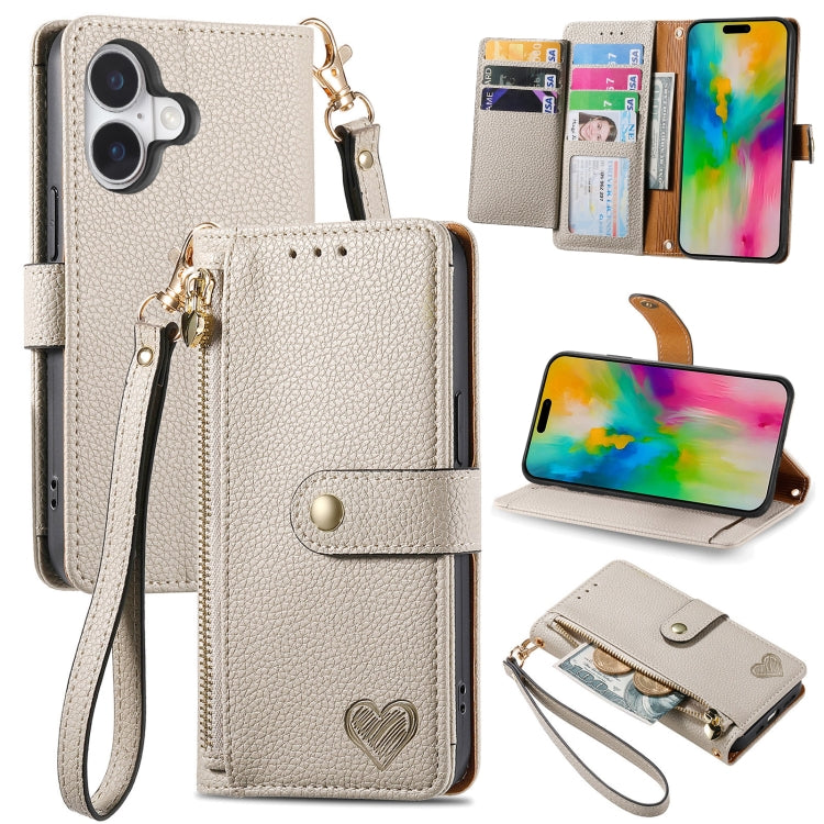 Étui téléphone en cuir avec lanière à fermeture éclair Love, pour iPhone 17e / 16e, pour iPhone 17 Pro Max, pour iPhone 17 Pro, pour iPhone 17, pour iPhone Air, pour iPhone 16 Pro Max, pour iPhone 16 Pro, pour iPhone 16 Plus