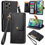 Étui téléphone en cuir avec lanière à fermeture éclair Love, pour iPhone 17e / 16e, pour iPhone 17 Pro Max, pour iPhone 17 Pro, pour iPhone 17, pour iPhone Air, pour iPhone 16 Pro Max, pour iPhone 16 Pro, pour iPhone 16 Plus