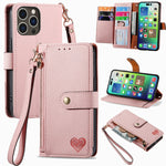 Étui téléphone en cuir avec lanière à fermeture éclair Love, pour iPhone 17e / 16e, pour iPhone 17 Pro Max, pour iPhone 17 Pro, pour iPhone 17, pour iPhone Air, pour iPhone 16 Pro Max, pour iPhone 16 Pro, pour iPhone 16 Plus