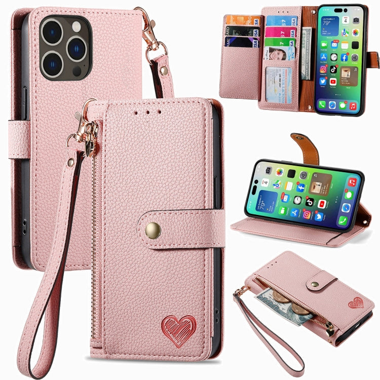 Étui téléphone en cuir avec lanière à fermeture éclair Love, pour iPhone 17e / 16e, pour iPhone 17 Pro Max, pour iPhone 17 Pro, pour iPhone 17, pour iPhone Air, pour iPhone 16 Pro Max, pour iPhone 16 Pro, pour iPhone 16 Plus