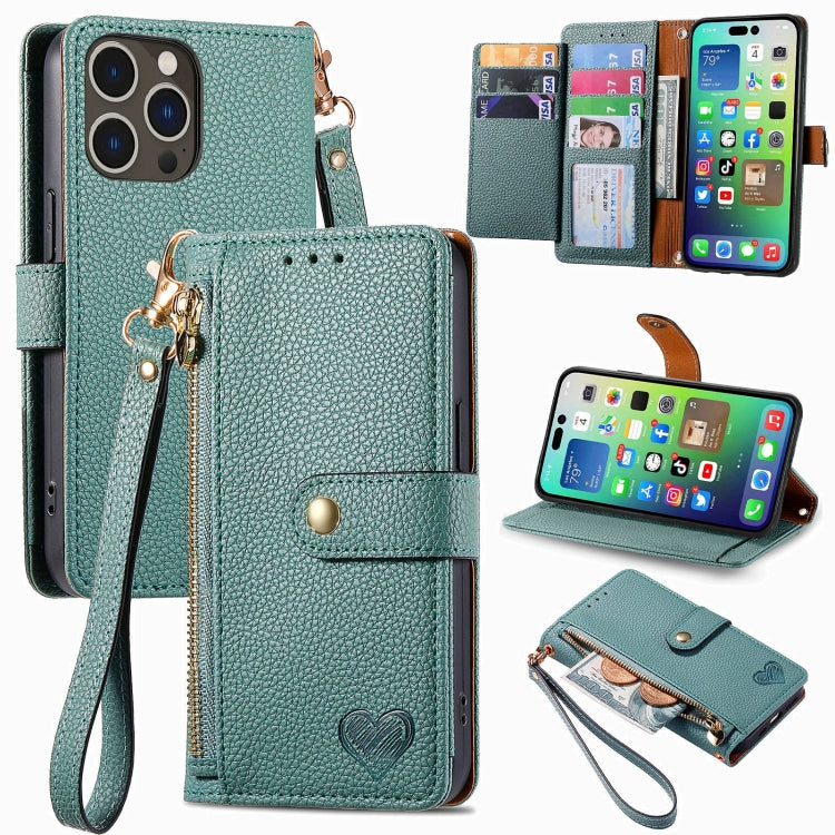 Étui téléphone en cuir avec lanière à fermeture éclair Love, pour iPhone 17e / 16e, pour iPhone 17 Pro Max, pour iPhone 17 Pro, pour iPhone 17, pour iPhone Air, pour iPhone 16 Pro Max, pour iPhone 16 Pro, pour iPhone 16 Plus
