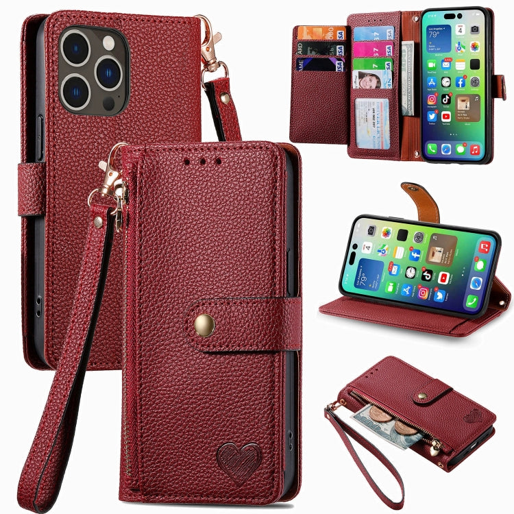 Étui téléphone en cuir avec lanière à fermeture éclair Love, pour iPhone 17e / 16e, pour iPhone 17 Pro Max, pour iPhone 17 Pro, pour iPhone 17, pour iPhone Air, pour iPhone 16 Pro Max, pour iPhone 16 Pro, pour iPhone 16 Plus