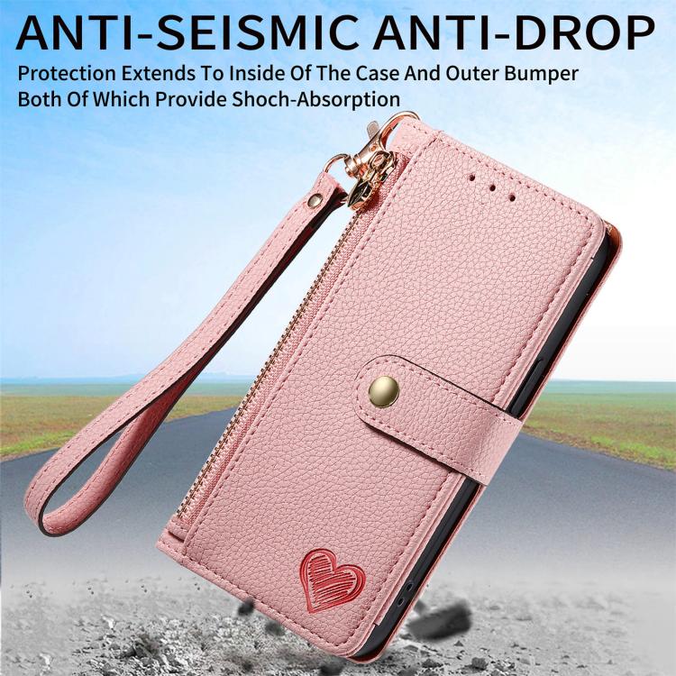 Étui téléphone en cuir avec lanière à fermeture éclair Love, pour iPhone 17e / 16e, pour iPhone 17 Pro Max, pour iPhone 17 Pro, pour iPhone 17, pour iPhone Air, pour iPhone 16 Pro Max, pour iPhone 16 Pro, pour iPhone 16 Plus