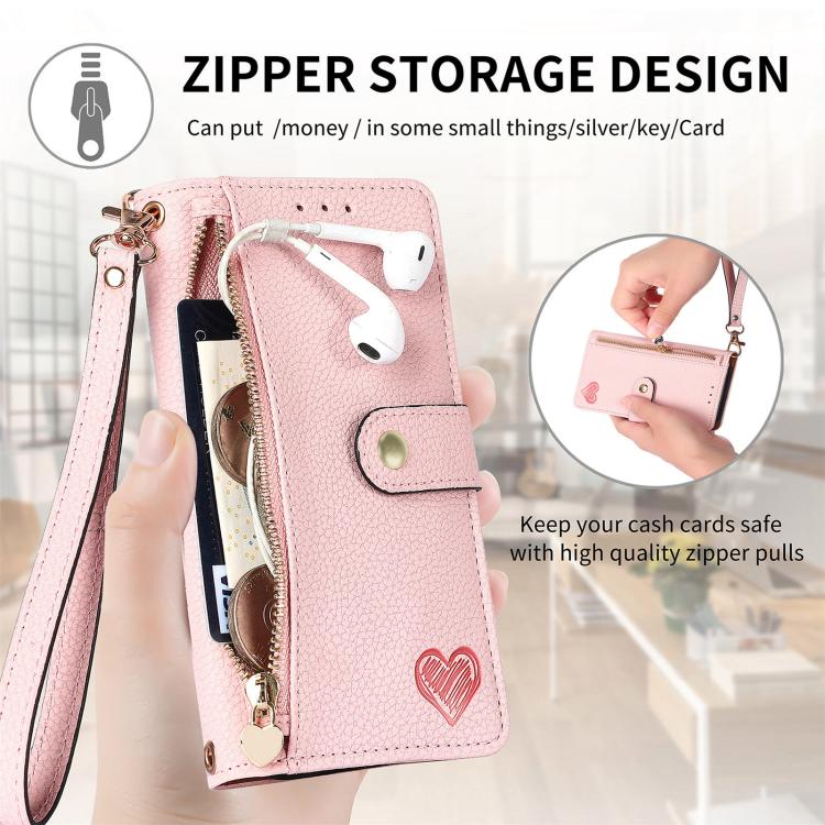 Étui téléphone en cuir avec lanière à fermeture éclair Love, pour iPhone 17e / 16e, pour iPhone 17 Pro Max, pour iPhone 17 Pro, pour iPhone 17, pour iPhone Air, pour iPhone 16 Pro Max, pour iPhone 16 Pro, pour iPhone 16 Plus