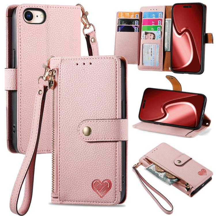 Étui téléphone en cuir avec lanière à fermeture éclair Love, pour iPhone 17e / 16e, pour iPhone 17 Pro Max, pour iPhone 17 Pro, pour iPhone 17, pour iPhone Air, pour iPhone 16 Pro Max, pour iPhone 16 Pro, pour iPhone 16 Plus