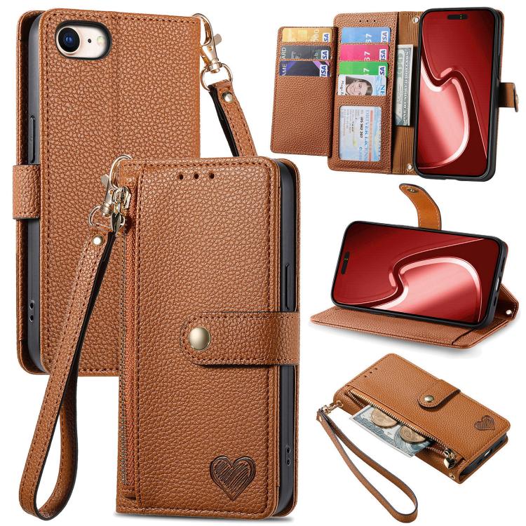 Étui téléphone en cuir avec lanière à fermeture éclair Love, pour iPhone 17e / 16e, pour iPhone 17 Pro Max, pour iPhone 17 Pro, pour iPhone 17, pour iPhone Air, pour iPhone 16 Pro Max, pour iPhone 16 Pro, pour iPhone 16 Plus