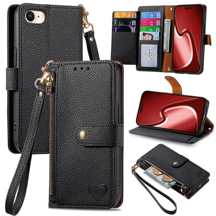 Étui téléphone en cuir avec lanière à fermeture éclair Love, pour iPhone 17e / 16e, pour iPhone 17 Pro Max, pour iPhone 17 Pro, pour iPhone 17, pour iPhone Air, pour iPhone 16 Pro Max, pour iPhone 16 Pro, pour iPhone 16 Plus