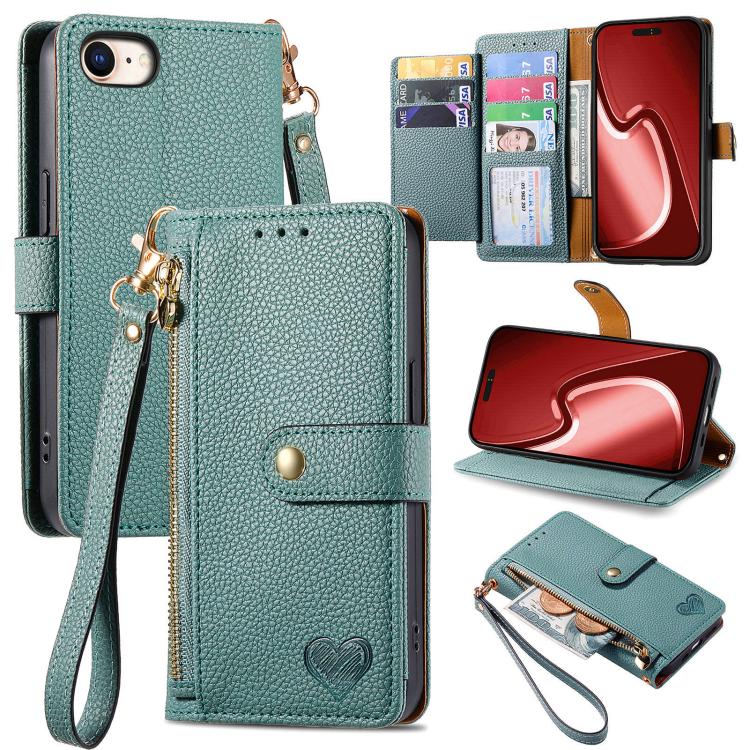 Étui téléphone en cuir avec lanière à fermeture éclair Love, pour iPhone 17e / 16e, pour iPhone 17 Pro Max, pour iPhone 17 Pro, pour iPhone 17, pour iPhone Air, pour iPhone 16 Pro Max, pour iPhone 16 Pro, pour iPhone 16 Plus