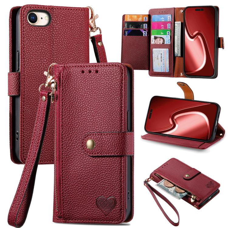 Étui téléphone en cuir avec lanière à fermeture éclair Love, pour iPhone 17e / 16e, pour iPhone 17 Pro Max, pour iPhone 17 Pro, pour iPhone 17, pour iPhone Air, pour iPhone 16 Pro Max, pour iPhone 16 Pro, pour iPhone 16 Plus