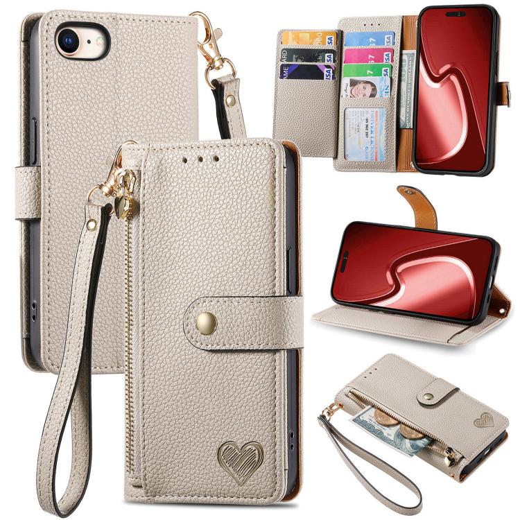 Étui téléphone en cuir avec lanière à fermeture éclair Love, pour iPhone 17e / 16e, pour iPhone 17 Pro Max, pour iPhone 17 Pro, pour iPhone 17, pour iPhone Air, pour iPhone 16 Pro Max, pour iPhone 16 Pro, pour iPhone 16 Plus