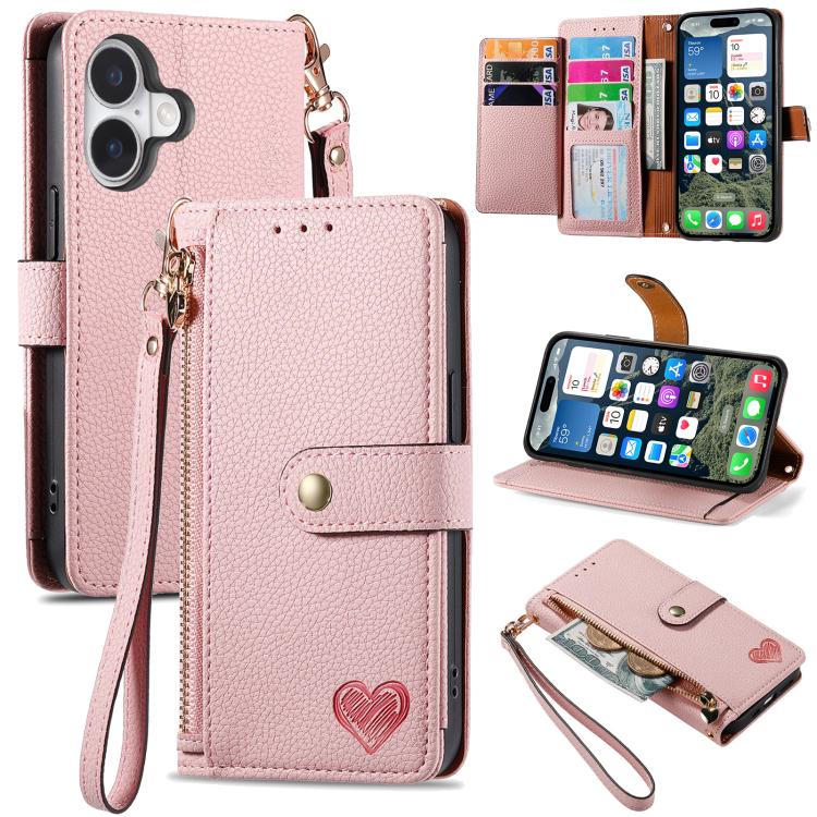 Étui téléphone en cuir avec lanière à fermeture éclair Love, pour iPhone 17e / 16e, pour iPhone 17 Pro Max, pour iPhone 17 Pro, pour iPhone 17, pour iPhone Air, pour iPhone 16 Pro Max, pour iPhone 16 Pro, pour iPhone 16 Plus