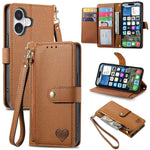 Étui téléphone en cuir avec lanière à fermeture éclair Love, pour iPhone 17e / 16e, pour iPhone 17 Pro Max, pour iPhone 17 Pro, pour iPhone 17, pour iPhone Air, pour iPhone 16 Pro Max, pour iPhone 16 Pro, pour iPhone 16 Plus