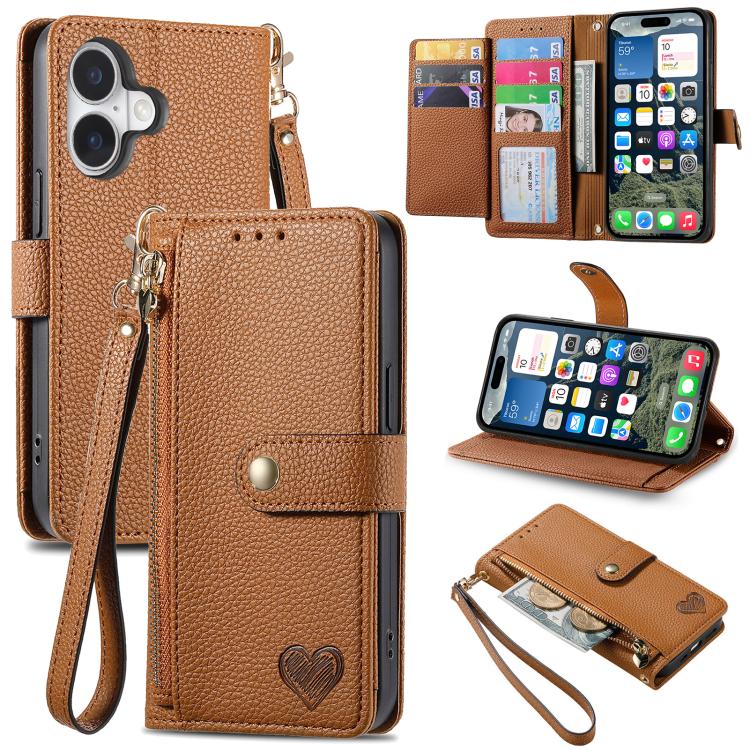 Étui téléphone en cuir avec lanière à fermeture éclair Love, pour iPhone 17e / 16e, pour iPhone 17 Pro Max, pour iPhone 17 Pro, pour iPhone 17, pour iPhone Air, pour iPhone 16 Pro Max, pour iPhone 16 Pro, pour iPhone 16 Plus