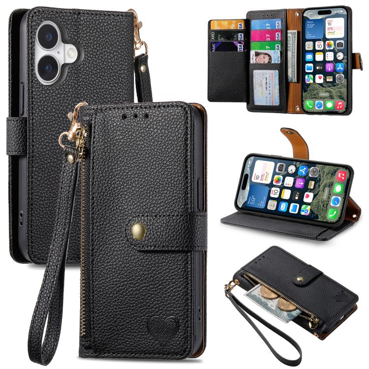 Étui téléphone en cuir avec lanière à fermeture éclair Love, pour iPhone 17e / 16e, pour iPhone 17 Pro Max, pour iPhone 17 Pro, pour iPhone 17, pour iPhone Air, pour iPhone 16 Pro Max, pour iPhone 16 Pro, pour iPhone 16 Plus