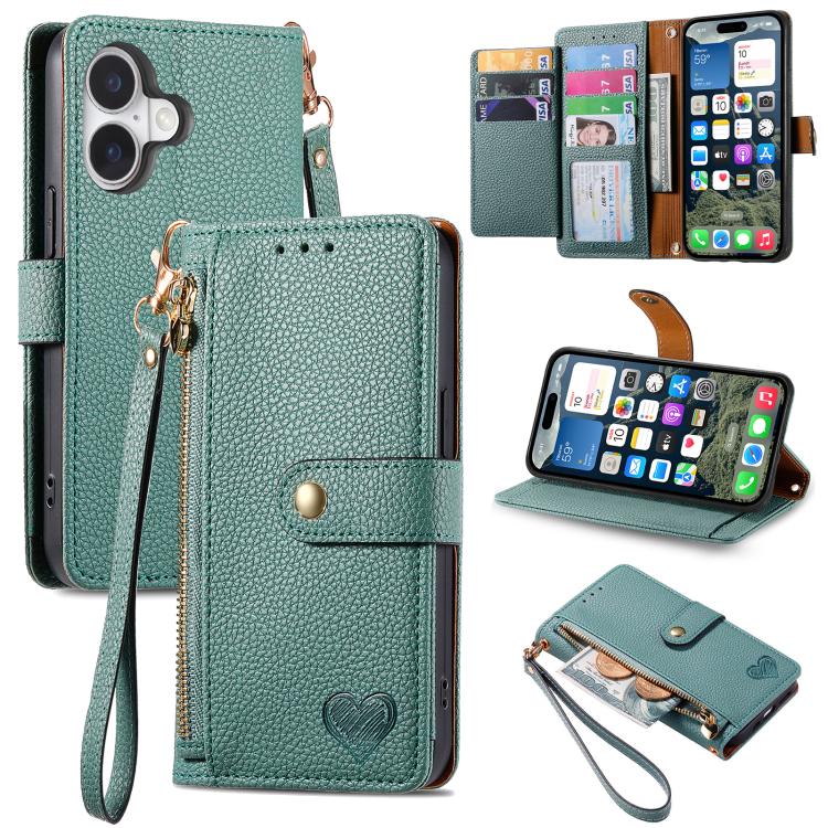 Étui téléphone en cuir avec lanière à fermeture éclair Love, pour iPhone 17e / 16e, pour iPhone 17 Pro Max, pour iPhone 17 Pro, pour iPhone 17, pour iPhone Air, pour iPhone 16 Pro Max, pour iPhone 16 Pro, pour iPhone 16 Plus