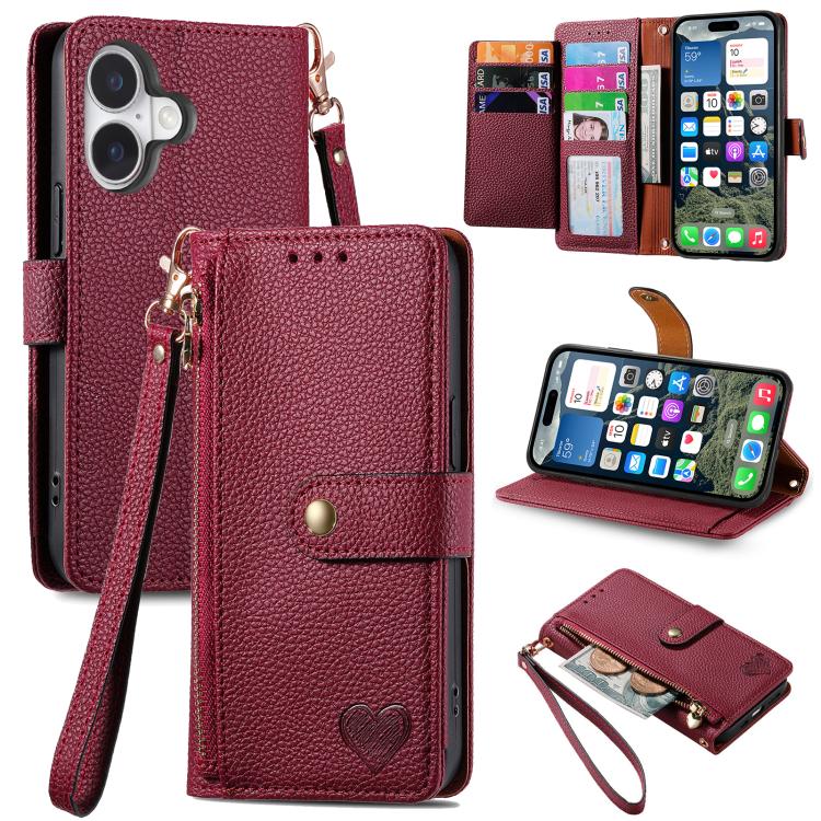 Étui téléphone en cuir avec lanière à fermeture éclair Love, pour iPhone 17e / 16e, pour iPhone 17 Pro Max, pour iPhone 17 Pro, pour iPhone 17, pour iPhone Air, pour iPhone 16 Pro Max, pour iPhone 16 Pro, pour iPhone 16 Plus