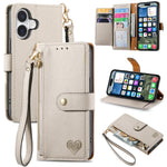 Étui téléphone en cuir avec lanière à fermeture éclair Love, pour iPhone 17e / 16e, pour iPhone 17 Pro Max, pour iPhone 17 Pro, pour iPhone 17, pour iPhone Air, pour iPhone 16 Pro Max, pour iPhone 16 Pro, pour iPhone 16 Plus