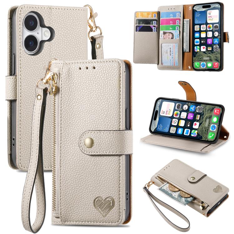 Étui téléphone en cuir avec lanière à fermeture éclair Love, pour iPhone 17e / 16e, pour iPhone 17 Pro Max, pour iPhone 17 Pro, pour iPhone 17, pour iPhone Air, pour iPhone 16 Pro Max, pour iPhone 16 Pro, pour iPhone 16 Plus