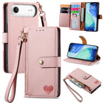 Étui téléphone en cuir avec lanière à fermeture éclair Love, pour iPhone 17e / 16e, pour iPhone 17 Pro Max, pour iPhone 17 Pro, pour iPhone 17, pour iPhone Air, pour iPhone 16 Pro Max, pour iPhone 16 Pro, pour iPhone 16 Plus