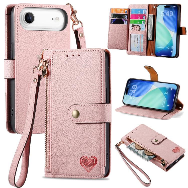 Étui téléphone en cuir avec lanière à fermeture éclair Love, pour iPhone 17e / 16e, pour iPhone 17 Pro Max, pour iPhone 17 Pro, pour iPhone 17, pour iPhone Air, pour iPhone 16 Pro Max, pour iPhone 16 Pro, pour iPhone 16 Plus