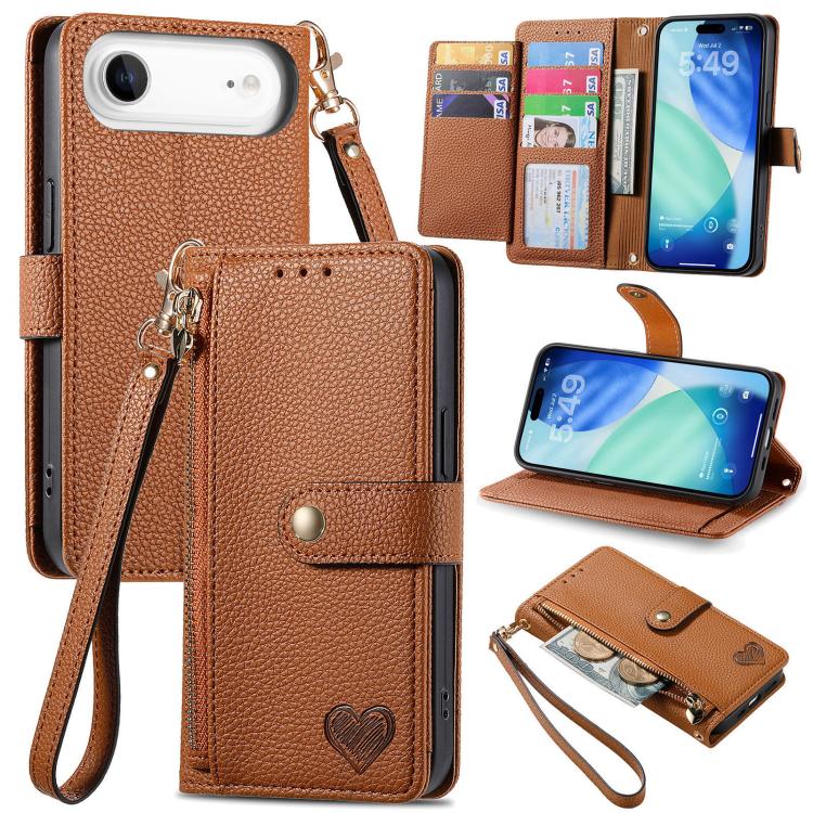 Étui téléphone en cuir avec lanière à fermeture éclair Love, pour iPhone 17e / 16e, pour iPhone 17 Pro Max, pour iPhone 17 Pro, pour iPhone 17, pour iPhone Air, pour iPhone 16 Pro Max, pour iPhone 16 Pro, pour iPhone 16 Plus