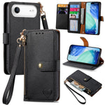 Étui téléphone en cuir avec lanière à fermeture éclair Love, pour iPhone 17e / 16e, pour iPhone 17 Pro Max, pour iPhone 17 Pro, pour iPhone 17, pour iPhone Air, pour iPhone 16 Pro Max, pour iPhone 16 Pro, pour iPhone 16 Plus