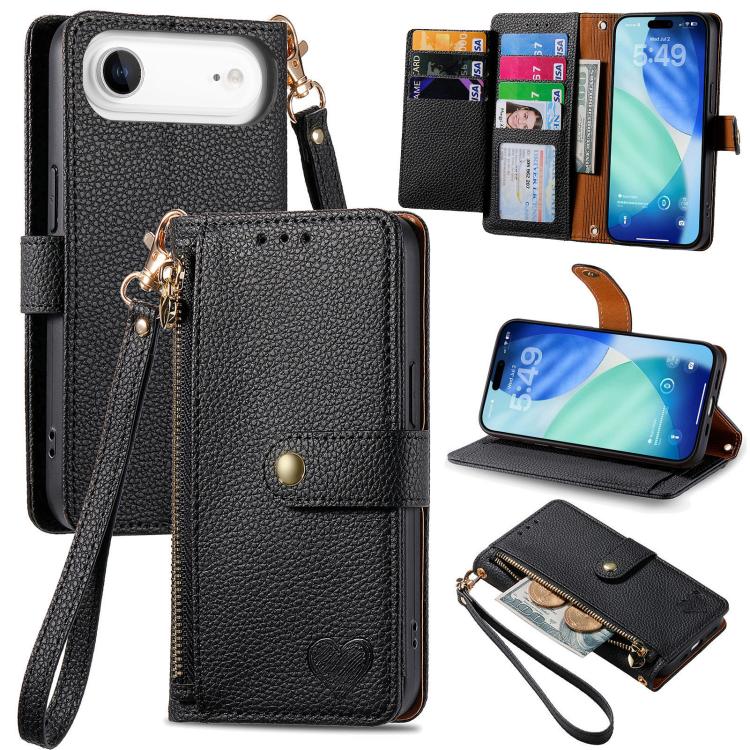 Étui téléphone en cuir avec lanière à fermeture éclair Love, pour iPhone 17e / 16e, pour iPhone 17 Pro Max, pour iPhone 17 Pro, pour iPhone 17, pour iPhone Air, pour iPhone 16 Pro Max, pour iPhone 16 Pro, pour iPhone 16 Plus