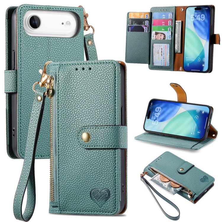 Étui téléphone en cuir avec lanière à fermeture éclair Love, pour iPhone 17e / 16e, pour iPhone 17 Pro Max, pour iPhone 17 Pro, pour iPhone 17, pour iPhone Air, pour iPhone 16 Pro Max, pour iPhone 16 Pro, pour iPhone 16 Plus