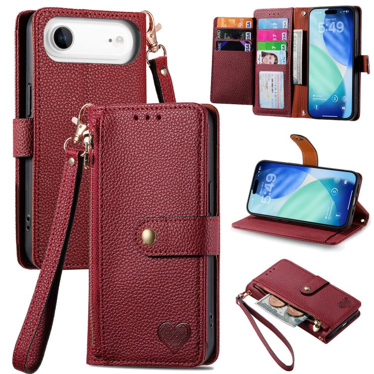 Étui téléphone en cuir avec lanière à fermeture éclair Love, pour iPhone 17e / 16e, pour iPhone 17 Pro Max, pour iPhone 17 Pro, pour iPhone 17, pour iPhone Air, pour iPhone 16 Pro Max, pour iPhone 16 Pro, pour iPhone 16 Plus