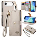 Étui téléphone en cuir avec lanière à fermeture éclair Love, pour iPhone 17e / 16e, pour iPhone 17 Pro Max, pour iPhone 17 Pro, pour iPhone 17, pour iPhone Air, pour iPhone 16 Pro Max, pour iPhone 16 Pro, pour iPhone 16 Plus
