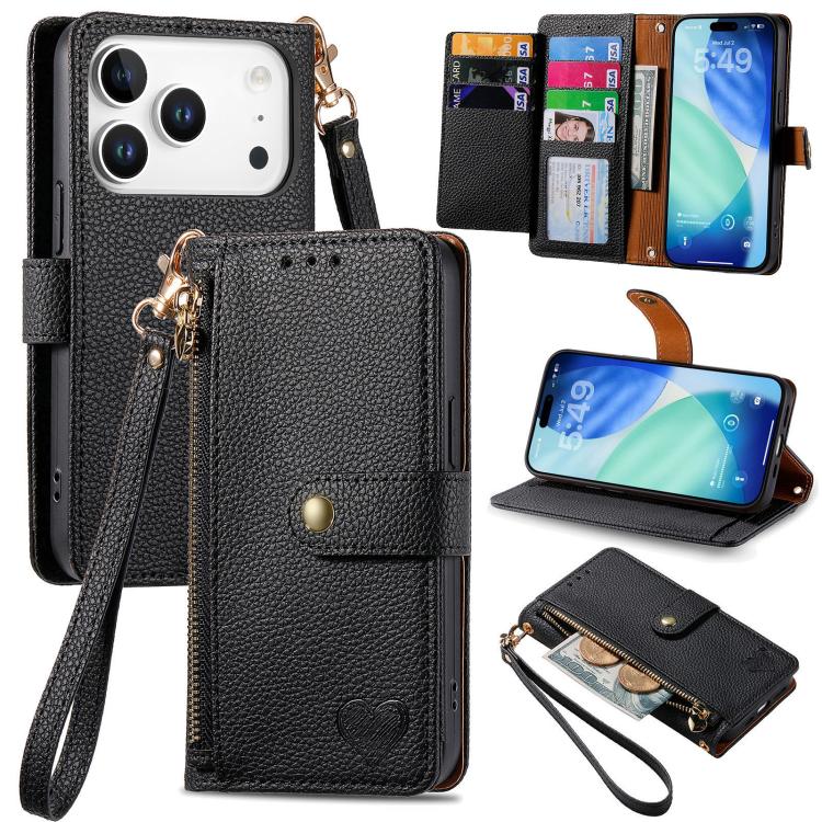Étui téléphone en cuir avec lanière à fermeture éclair Love, pour iPhone 17e / 16e, pour iPhone 17 Pro Max, pour iPhone 17 Pro, pour iPhone 17, pour iPhone Air, pour iPhone 16 Pro Max, pour iPhone 16 Pro, pour iPhone 16 Plus