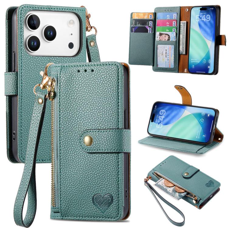 Étui téléphone en cuir avec lanière à fermeture éclair Love, pour iPhone 17e / 16e, pour iPhone 17 Pro Max, pour iPhone 17 Pro, pour iPhone 17, pour iPhone Air, pour iPhone 16 Pro Max, pour iPhone 16 Pro, pour iPhone 16 Plus