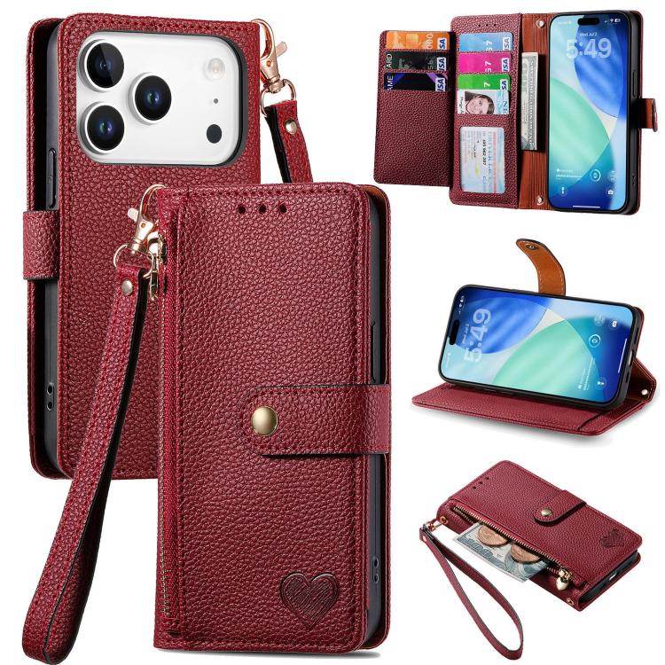 Étui téléphone en cuir avec lanière à fermeture éclair Love, pour iPhone 17e / 16e, pour iPhone 17 Pro Max, pour iPhone 17 Pro, pour iPhone 17, pour iPhone Air, pour iPhone 16 Pro Max, pour iPhone 16 Pro, pour iPhone 16 Plus