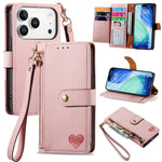 Étui téléphone en cuir avec lanière à fermeture éclair Love, pour iPhone 17e / 16e, pour iPhone 17 Pro Max, pour iPhone 17 Pro, pour iPhone 17, pour iPhone Air, pour iPhone 16 Pro Max, pour iPhone 16 Pro, pour iPhone 16 Plus