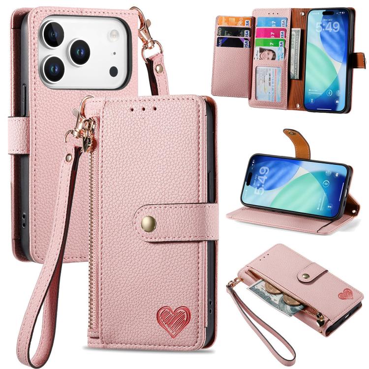 Étui téléphone en cuir avec lanière à fermeture éclair Love, pour iPhone 17e / 16e, pour iPhone 17 Pro Max, pour iPhone 17 Pro, pour iPhone 17, pour iPhone Air, pour iPhone 16 Pro Max, pour iPhone 16 Pro, pour iPhone 16 Plus