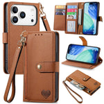 Étui téléphone en cuir avec lanière à fermeture éclair Love, pour iPhone 17e / 16e, pour iPhone 17 Pro Max, pour iPhone 17 Pro, pour iPhone 17, pour iPhone Air, pour iPhone 16 Pro Max, pour iPhone 16 Pro, pour iPhone 16 Plus