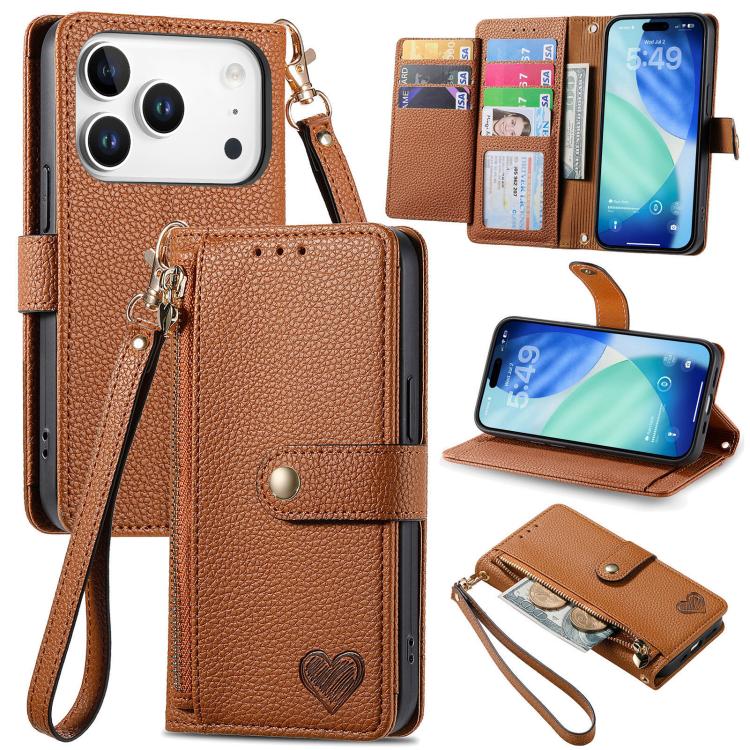 Étui téléphone en cuir avec lanière à fermeture éclair Love, pour iPhone 17e / 16e, pour iPhone 17 Pro Max, pour iPhone 17 Pro, pour iPhone 17, pour iPhone Air, pour iPhone 16 Pro Max, pour iPhone 16 Pro, pour iPhone 16 Plus