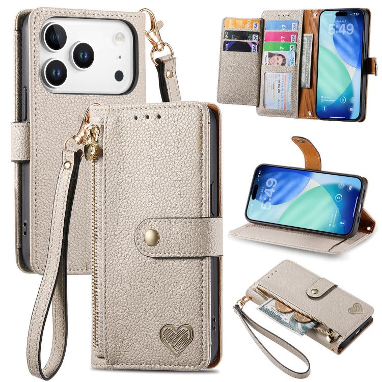 Étui téléphone en cuir avec lanière à fermeture éclair Love, pour iPhone 17e / 16e, pour iPhone 17 Pro Max, pour iPhone 17 Pro, pour iPhone 17, pour iPhone Air, pour iPhone 16 Pro Max, pour iPhone 16 Pro, pour iPhone 16 Plus