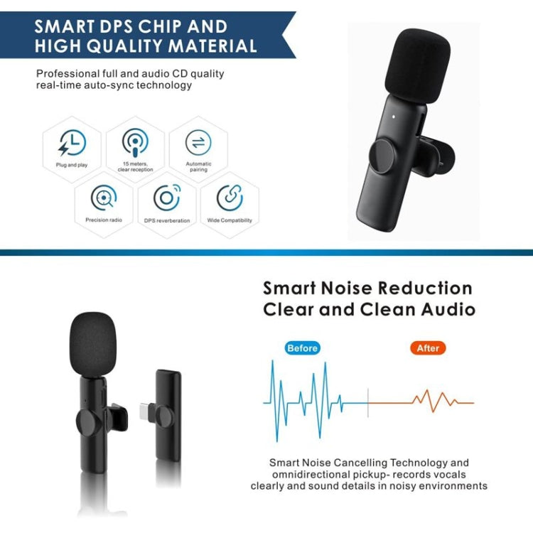 Microphone cravate sans fil pour téléphone Android et ordinateur avec récepteur USB-C / Type-C, un par un, un par deux
