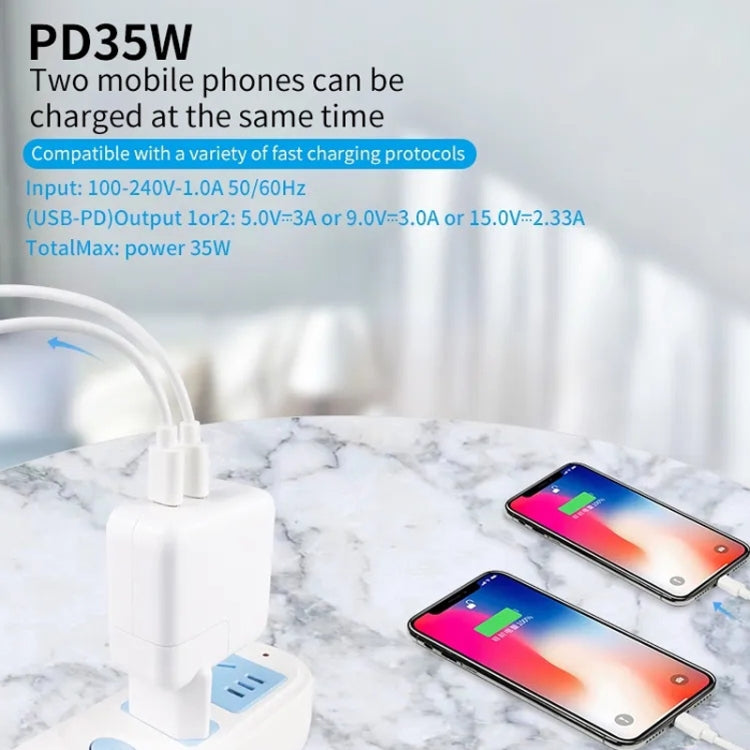 Chargeur PD3.0 35W USB-C / Type-C à double port avec câble de données Type-C vers 8 broches, prise US, prise US + câble 8 broches 1m, prise US + câble 8 broches 2m
