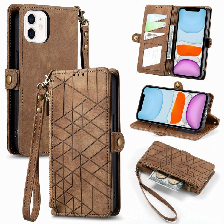 Étui de téléphone en cuir avec boucle latérale et portefeuille zippé géométrique, pour iPhone 11, pour iPhone 11 Pro, pour iPhone X / XS, pour iPhone XR, pour iPhone XS Max, pour iPhone 7 Plus / 8 Plus, pour iPhone 6 Plus / 6s Plus, pour iPhone 6 / 6s