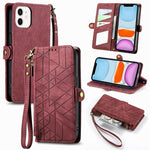 Étui de téléphone en cuir avec boucle latérale et portefeuille zippé géométrique, pour iPhone 11, pour iPhone 11 Pro, pour iPhone X / XS, pour iPhone XR, pour iPhone XS Max, pour iPhone 7 Plus / 8 Plus, pour iPhone 6 Plus / 6s Plus, pour iPhone 6 / 6s