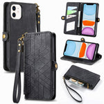 Étui de téléphone en cuir avec boucle latérale et portefeuille zippé géométrique, pour iPhone 11, pour iPhone 11 Pro, pour iPhone X / XS, pour iPhone XR, pour iPhone XS Max, pour iPhone 7 Plus / 8 Plus, pour iPhone 6 Plus / 6s Plus, pour iPhone 6 / 6s