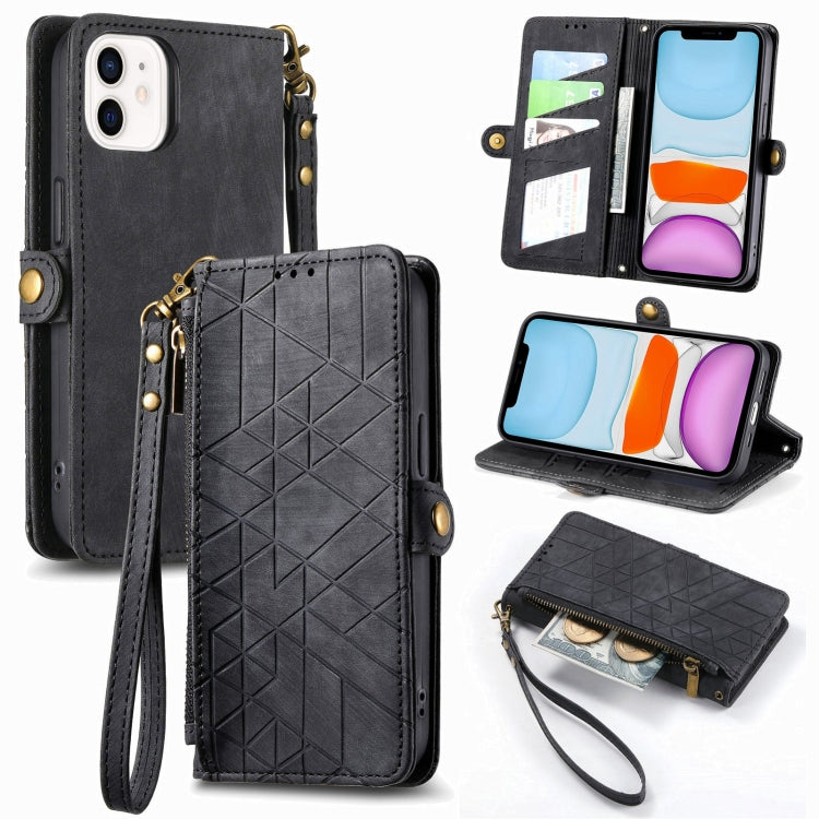 Étui de téléphone en cuir avec boucle latérale et portefeuille zippé géométrique, pour iPhone 11, pour iPhone 11 Pro, pour iPhone X / XS, pour iPhone XR, pour iPhone XS Max, pour iPhone 7 Plus / 8 Plus, pour iPhone 6 Plus / 6s Plus, pour iPhone 6 / 6s
