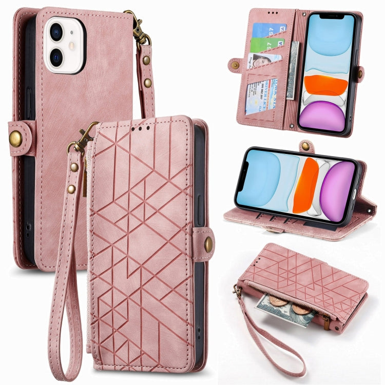 Étui de téléphone en cuir avec boucle latérale et portefeuille zippé géométrique, pour iPhone 11, pour iPhone 11 Pro, pour iPhone X / XS, pour iPhone XR, pour iPhone XS Max, pour iPhone 7 Plus / 8 Plus, pour iPhone 6 Plus / 6s Plus, pour iPhone 6 / 6s
