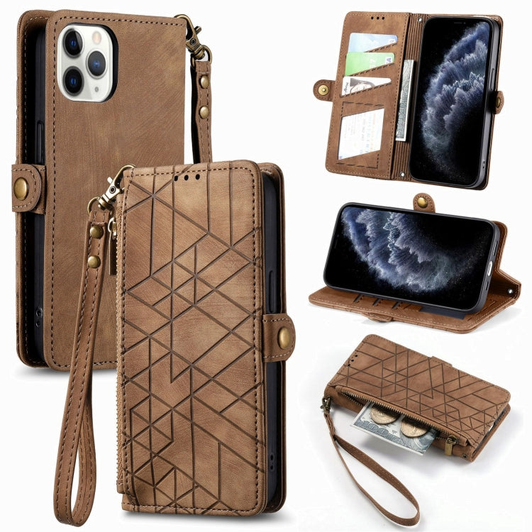 Étui de téléphone en cuir avec boucle latérale et portefeuille zippé géométrique, pour iPhone 11, pour iPhone 11 Pro, pour iPhone X / XS, pour iPhone XR, pour iPhone XS Max, pour iPhone 7 Plus / 8 Plus, pour iPhone 6 Plus / 6s Plus, pour iPhone 6 / 6s