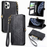 Étui de téléphone en cuir avec boucle latérale et portefeuille zippé géométrique, pour iPhone 11, pour iPhone 11 Pro, pour iPhone X / XS, pour iPhone XR, pour iPhone XS Max, pour iPhone 7 Plus / 8 Plus, pour iPhone 6 Plus / 6s Plus, pour iPhone 6 / 6s