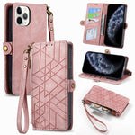 Étui de téléphone en cuir avec boucle latérale et portefeuille zippé géométrique, pour iPhone 11, pour iPhone 11 Pro, pour iPhone X / XS, pour iPhone XR, pour iPhone XS Max, pour iPhone 7 Plus / 8 Plus, pour iPhone 6 Plus / 6s Plus, pour iPhone 6 / 6s