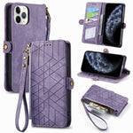 Étui de téléphone en cuir avec boucle latérale et portefeuille zippé géométrique, pour iPhone 11, pour iPhone 11 Pro, pour iPhone X / XS, pour iPhone XR, pour iPhone XS Max, pour iPhone 7 Plus / 8 Plus, pour iPhone 6 Plus / 6s Plus, pour iPhone 6 / 6s